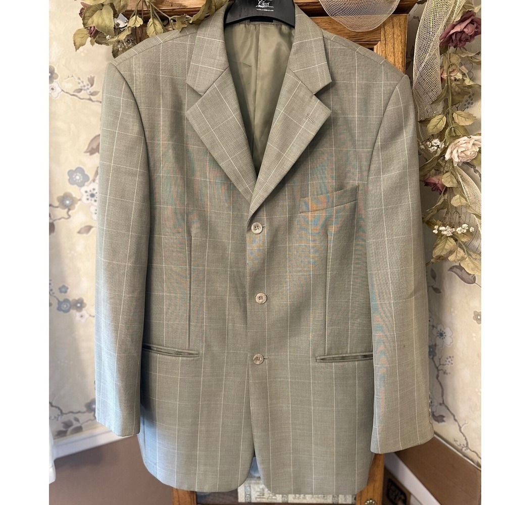 Falcone Super 100s Blazer Sport Coat Plaid Sage Green‎ Jacket Men's Size 42R